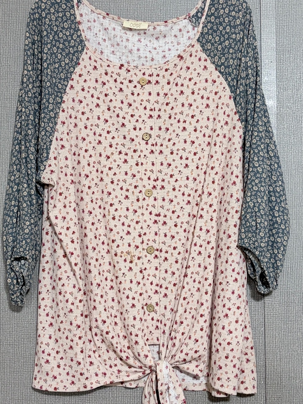 ODDI Floral Button-Front Tie Hem Top - Pink & Blue